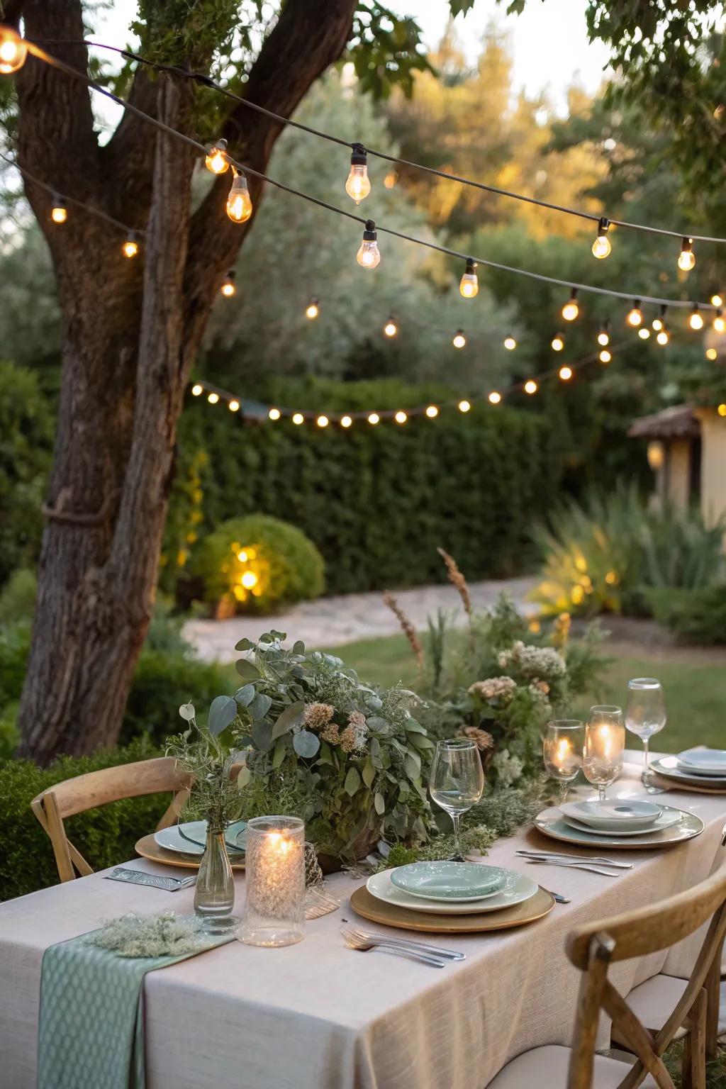 A backyard retreat with fairy lights sets the scene for a magical evening.