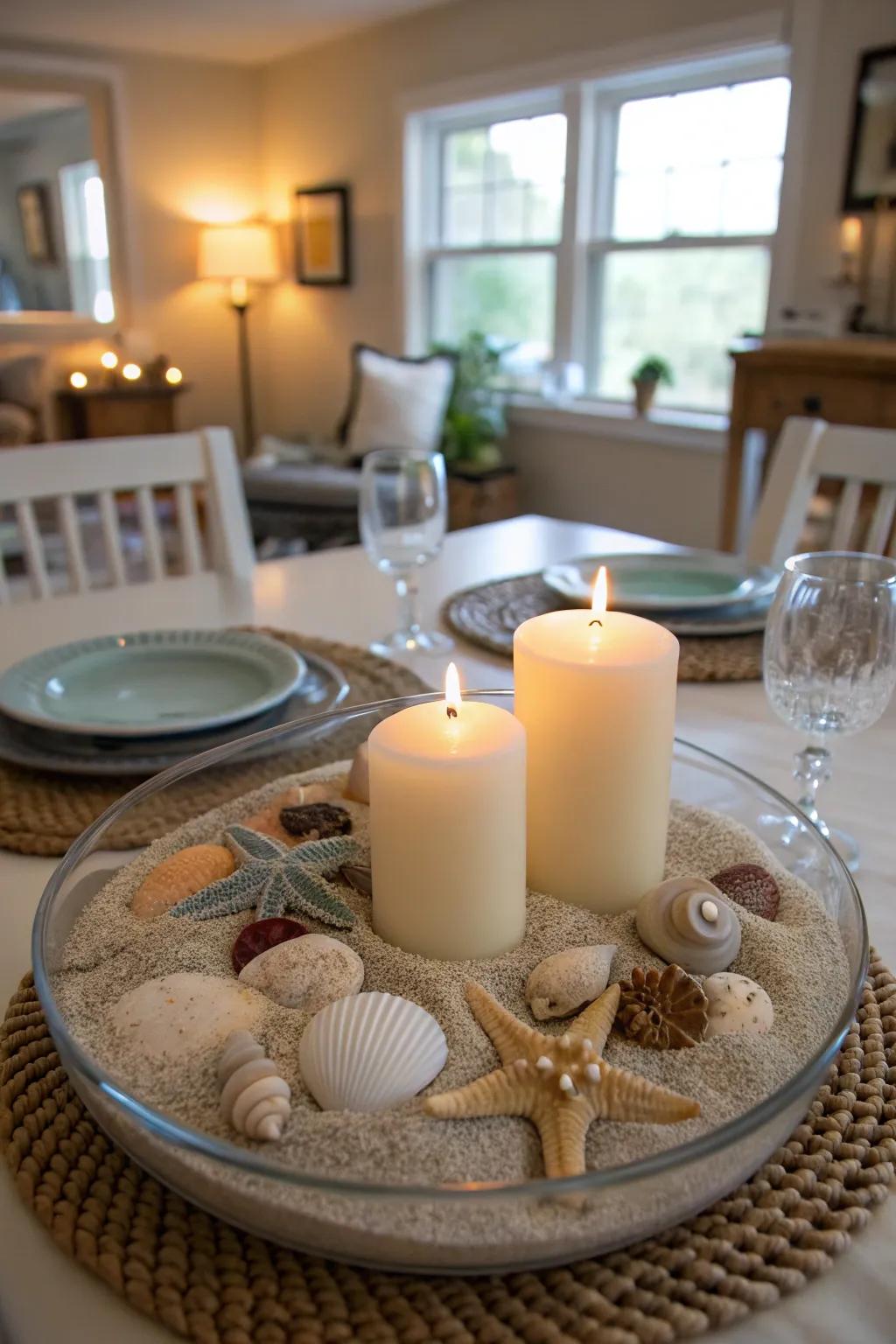 A soothing seaside-inspired centerpiece brings a beachy vibe.