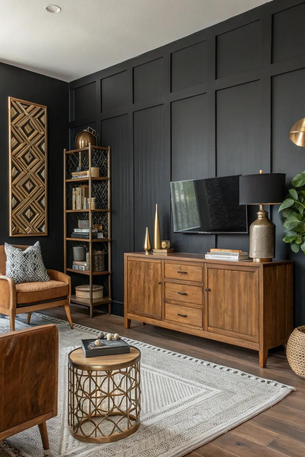 A living space showcasing an ebony feature wall paired with lumber and metallic elements.