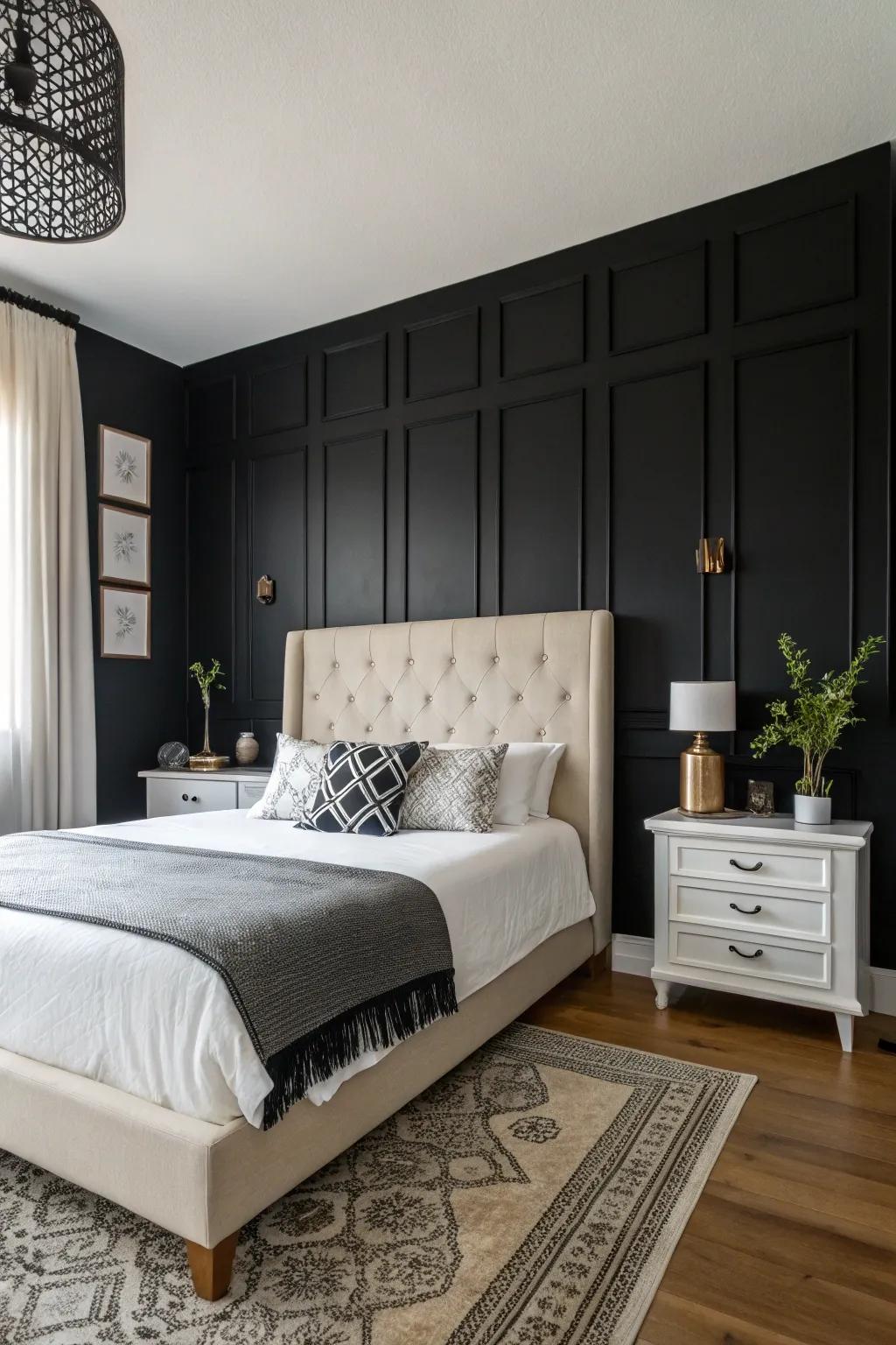 The dark accent wall enriches the room with depth and drama.