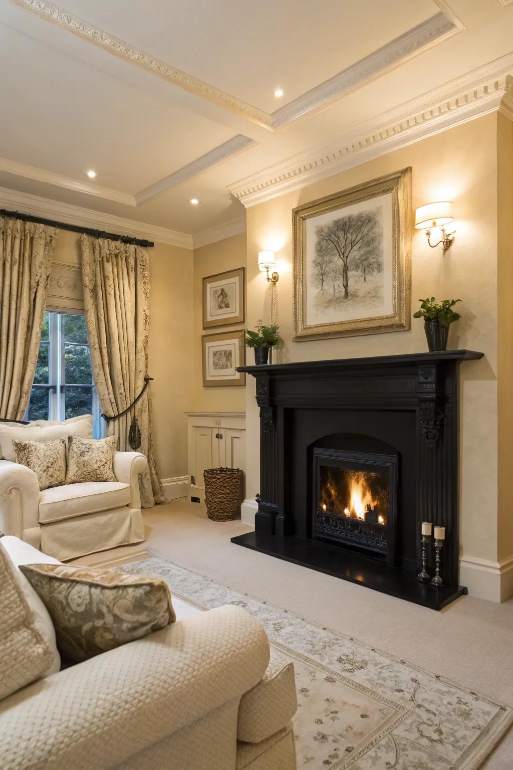 An ebony fireplace surround serves as a dramatic central feature in the living room.