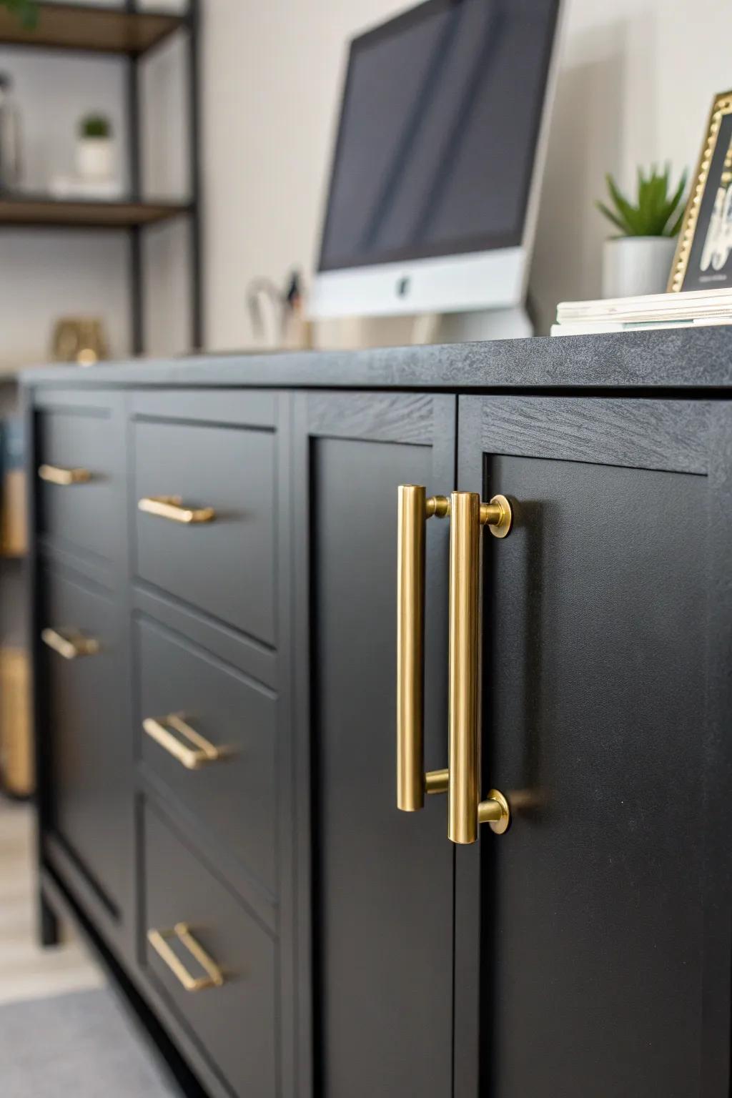 Gilded fixtures add a luxurious essence to ebony furniture.