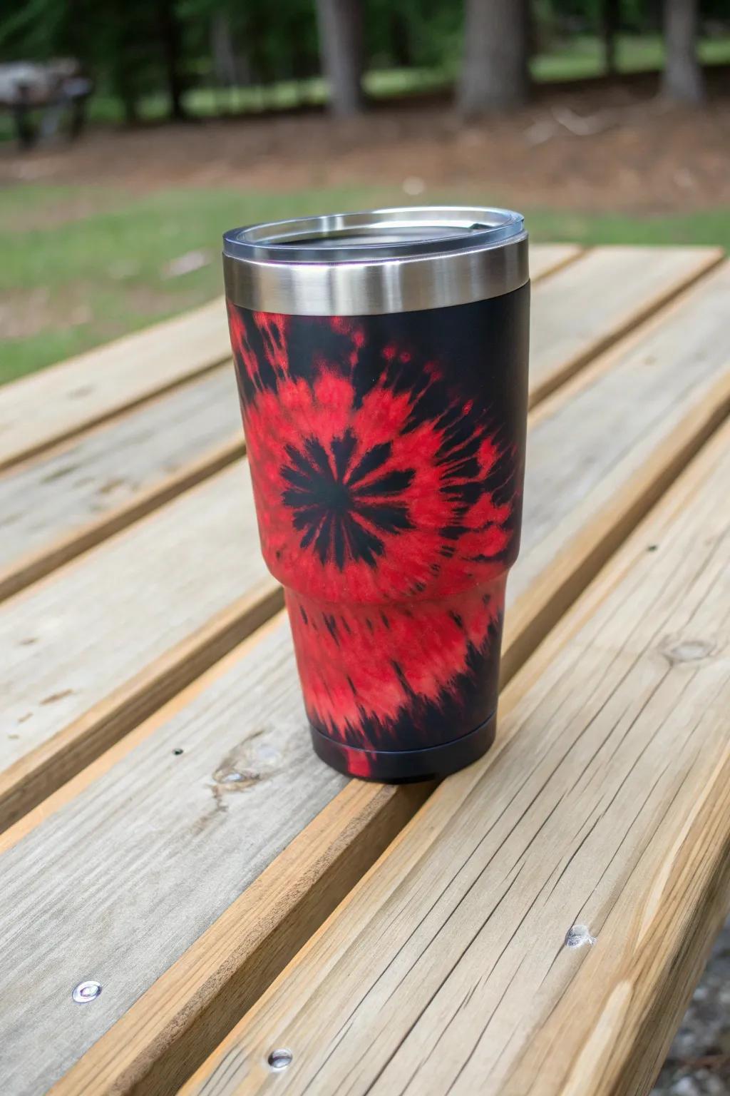 A trendy tie-dye black and red tumbler perfect for gatherings.
