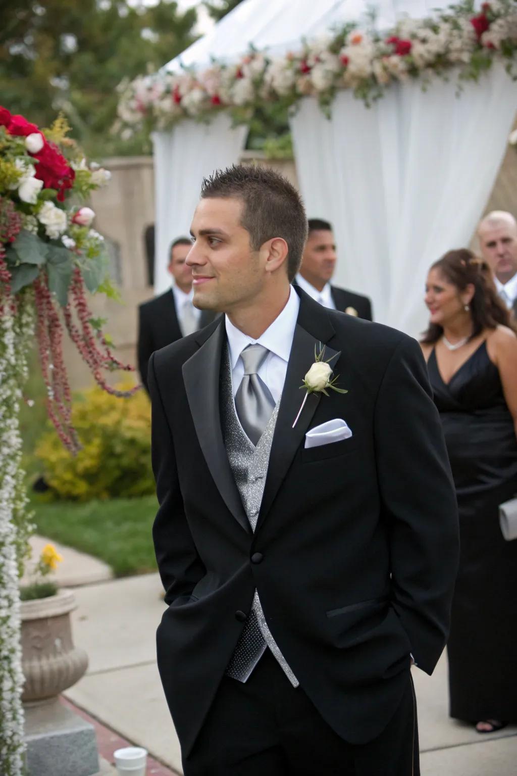 Stylish groom's ensemble in slate and chrome.