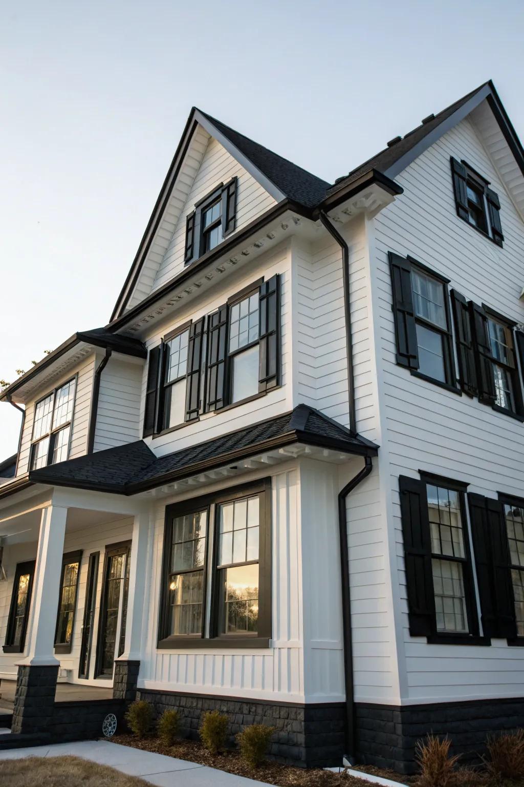 Contrasting dark trim highlights the architectural details of this home.