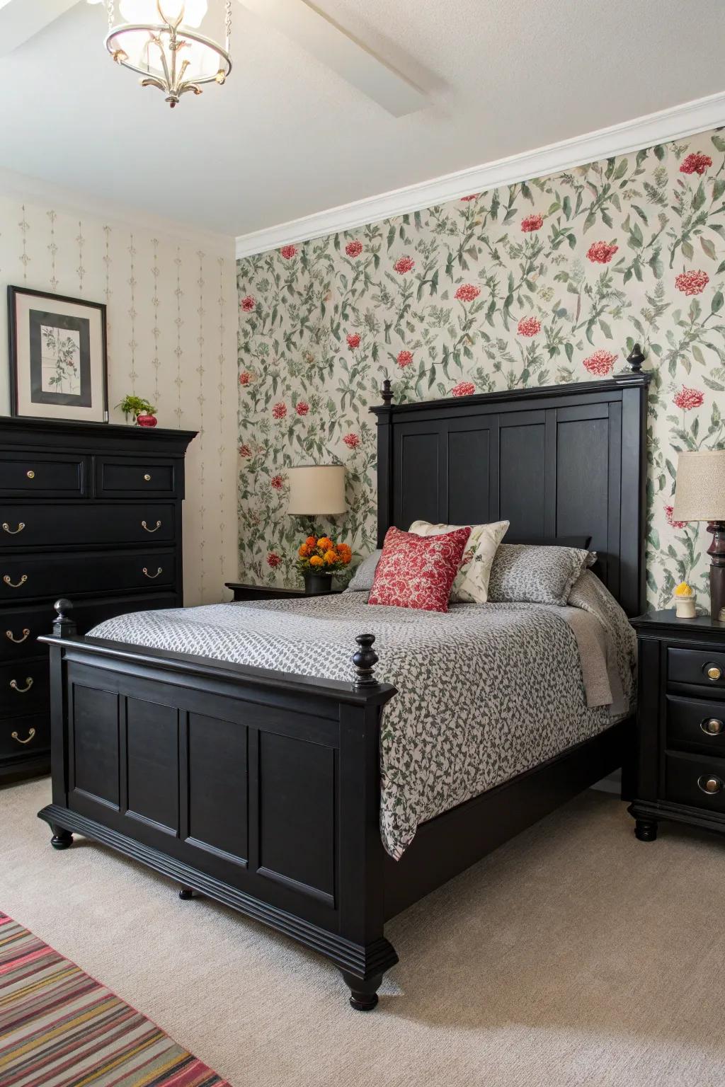 Patterned wall covering adds depth and character to this stylish bedroom.