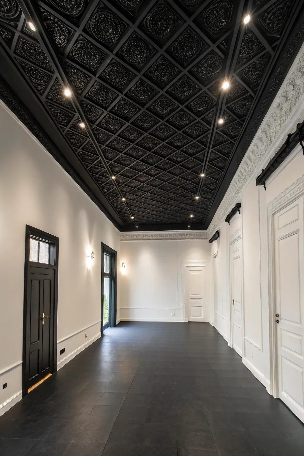 A room features a black ceiling standing out against white walls.