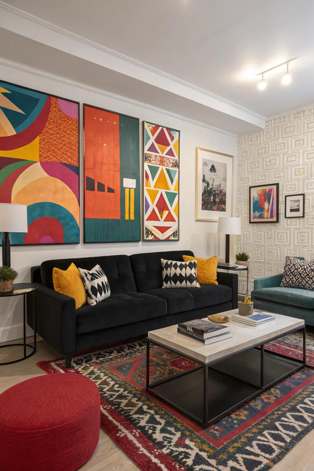 Bold art complements a black couch.