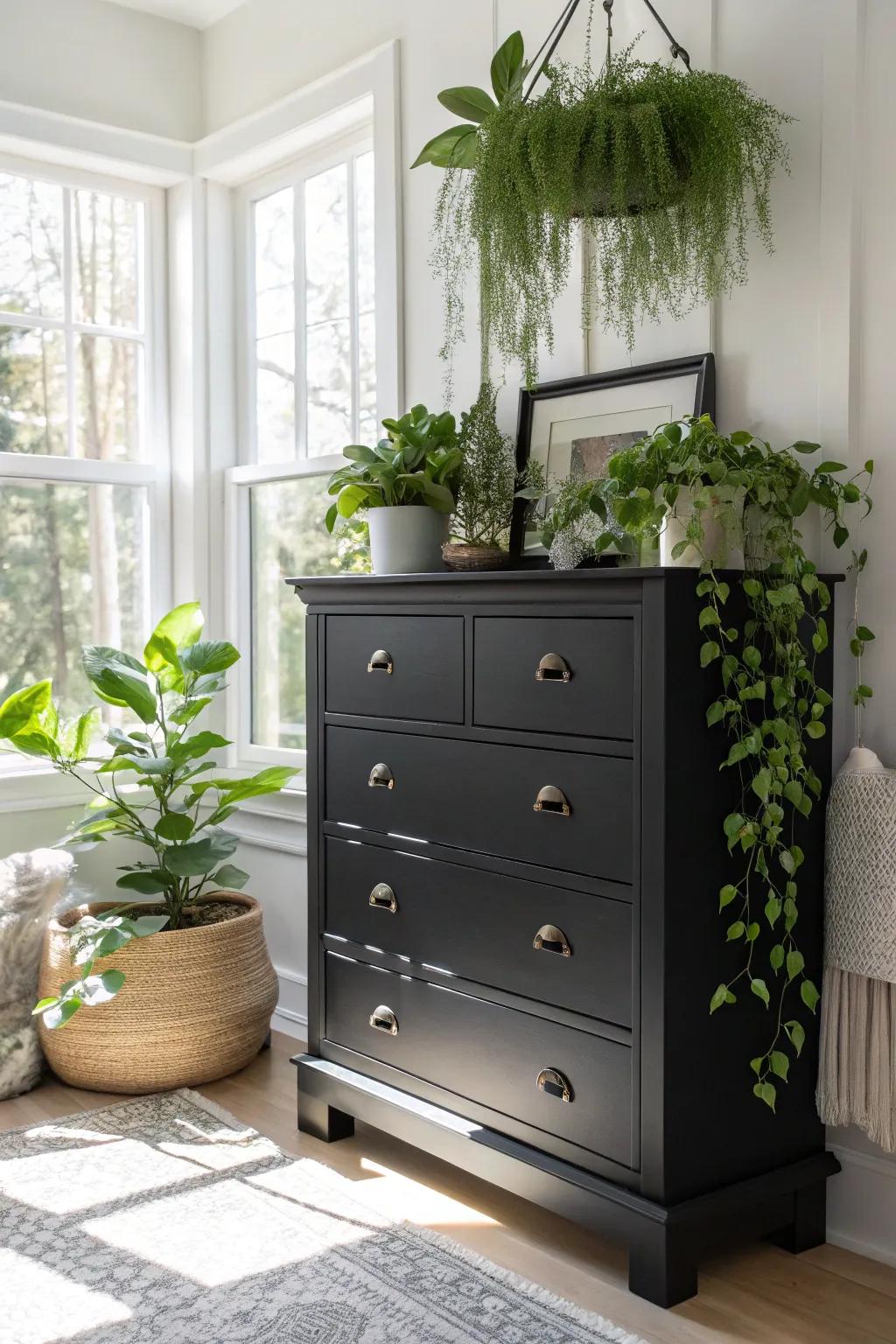 A dark stained dresser enhanced by lush greenery.