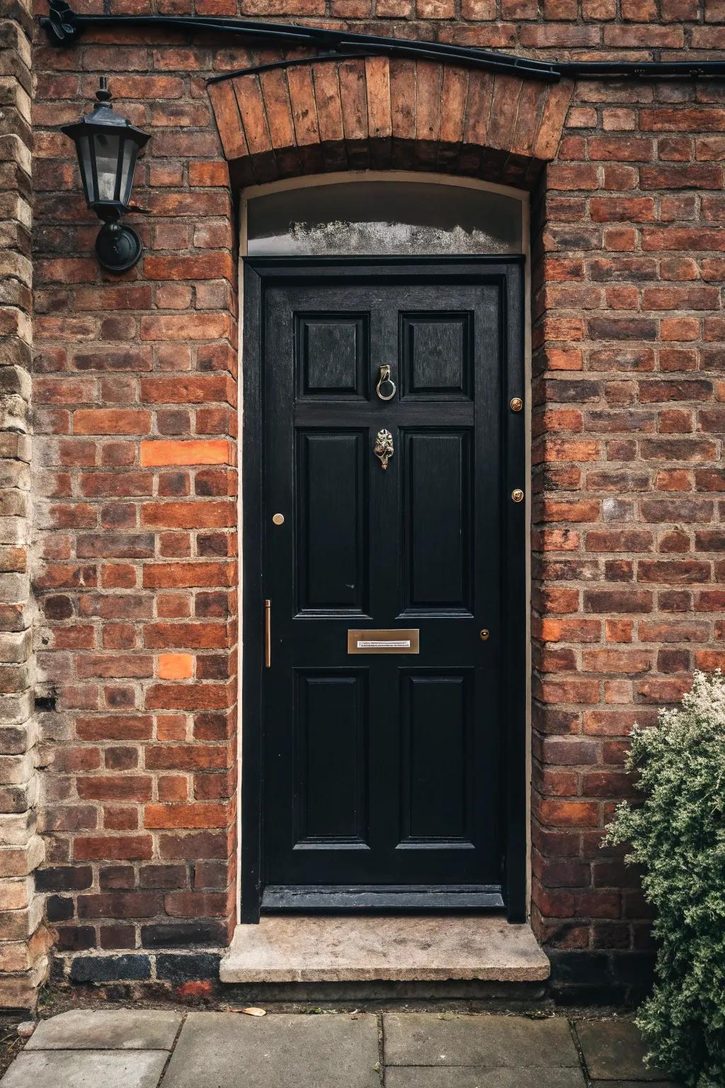 A dark-toned entrance standing out beautifully against a brick facade.