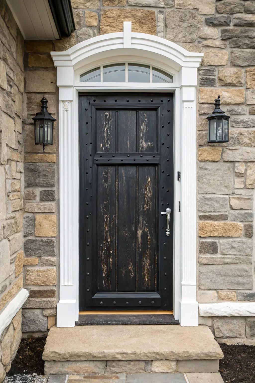 A natural wood texture on a black door brings warmth and appeal to the entrance.