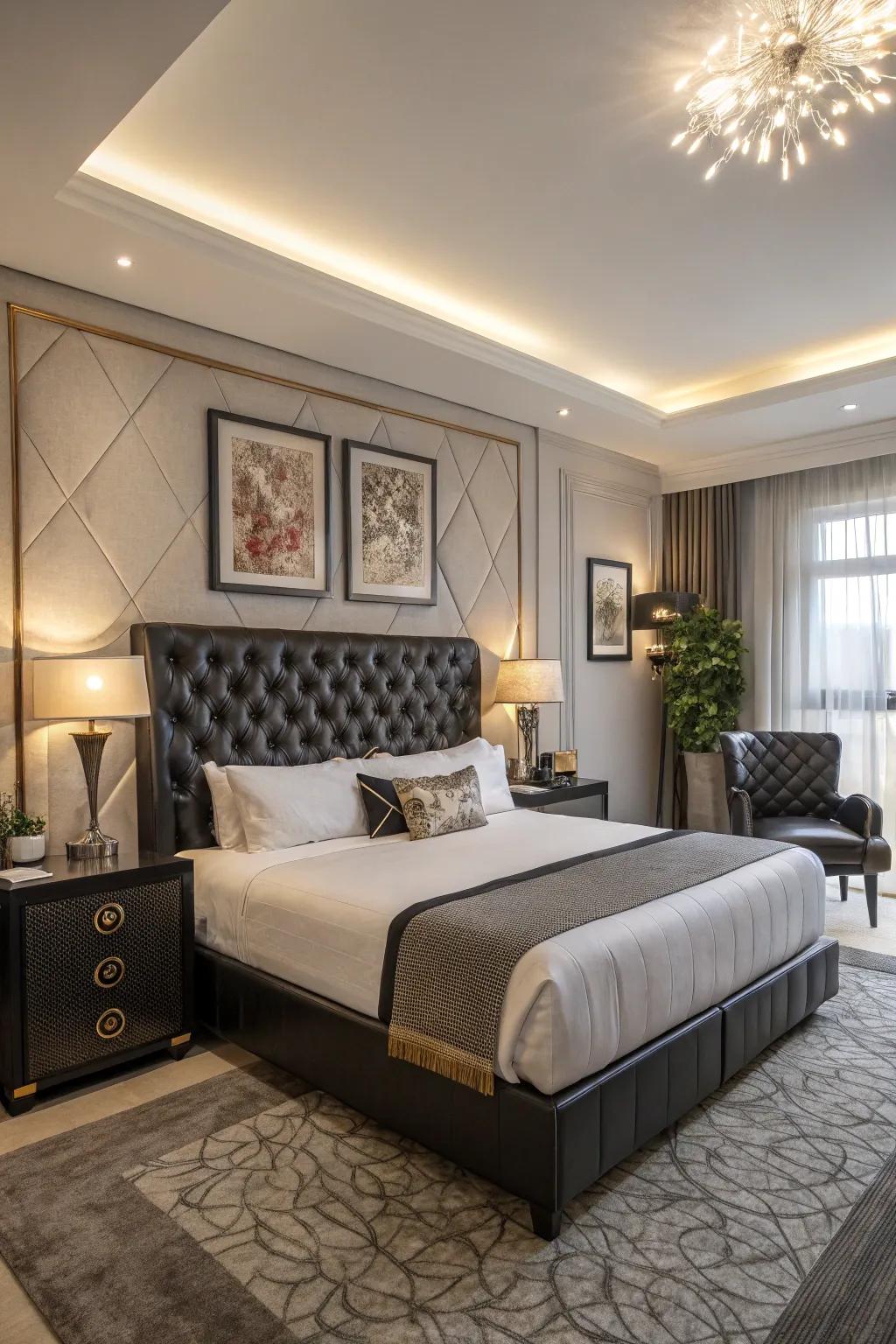 Elegant bedroom with a luxurious dark leather headboard