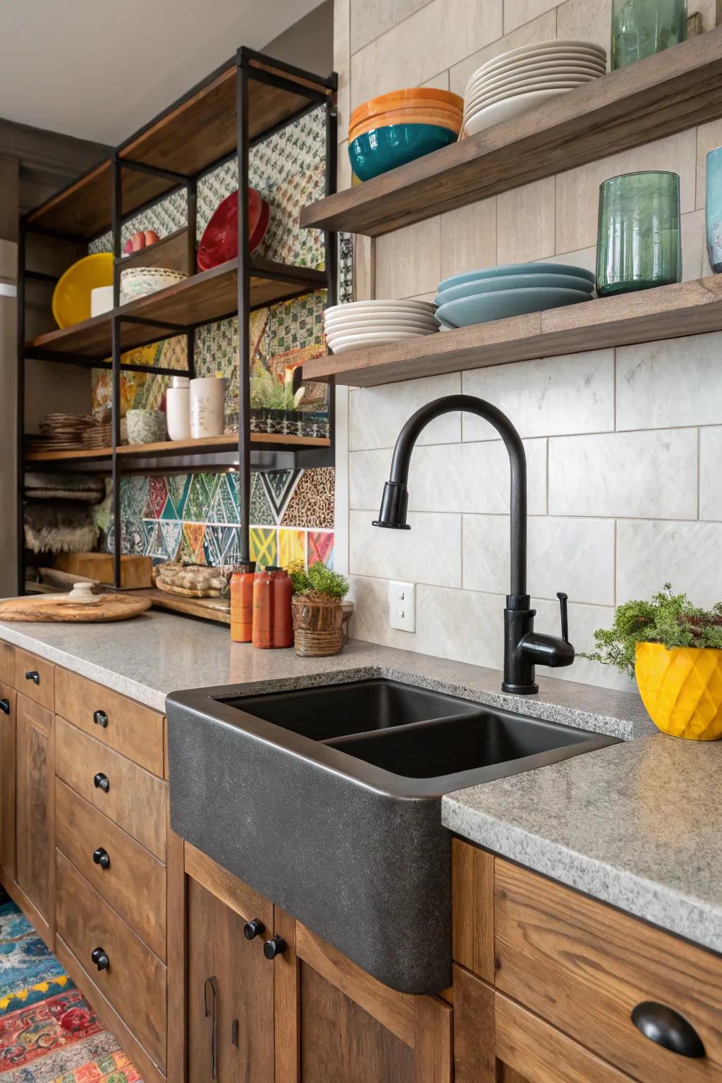 A blend of materials enhances the visual appeal of this kitchen with a dark toned faucet.