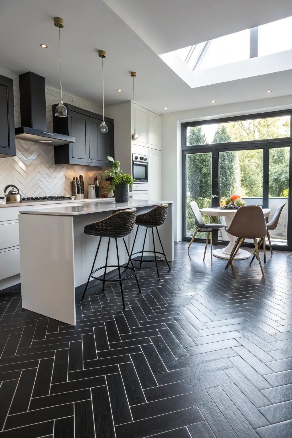 A kitchen that uses black herringbone floor tiles for added visual interest.