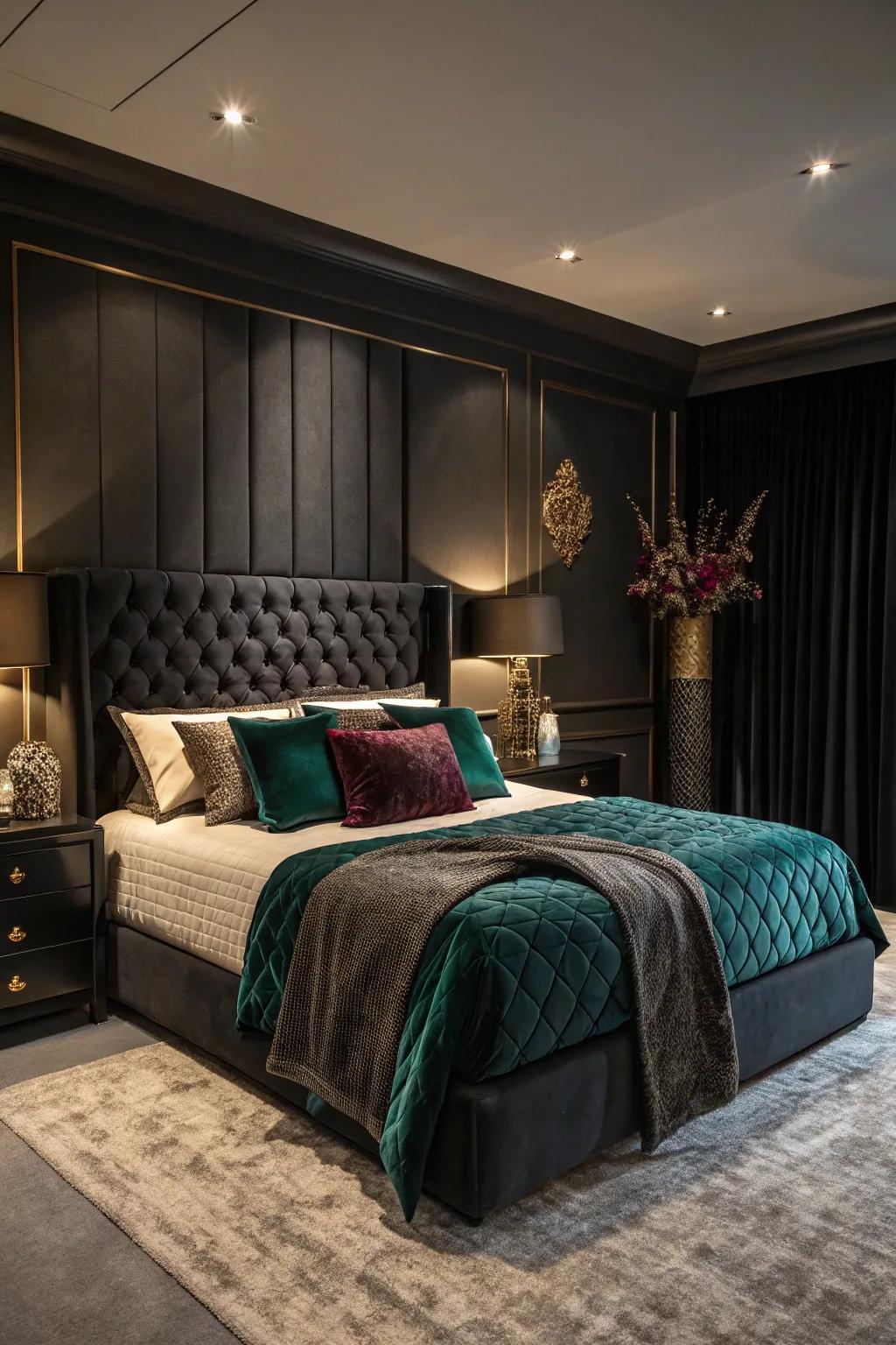Jewel tones bring richness to a black bedroom.