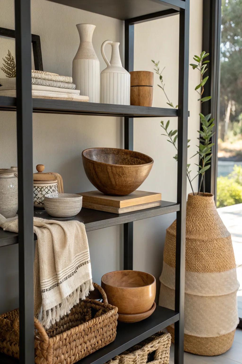 Natural textures and neutral tones creating balance on a black shelf.
