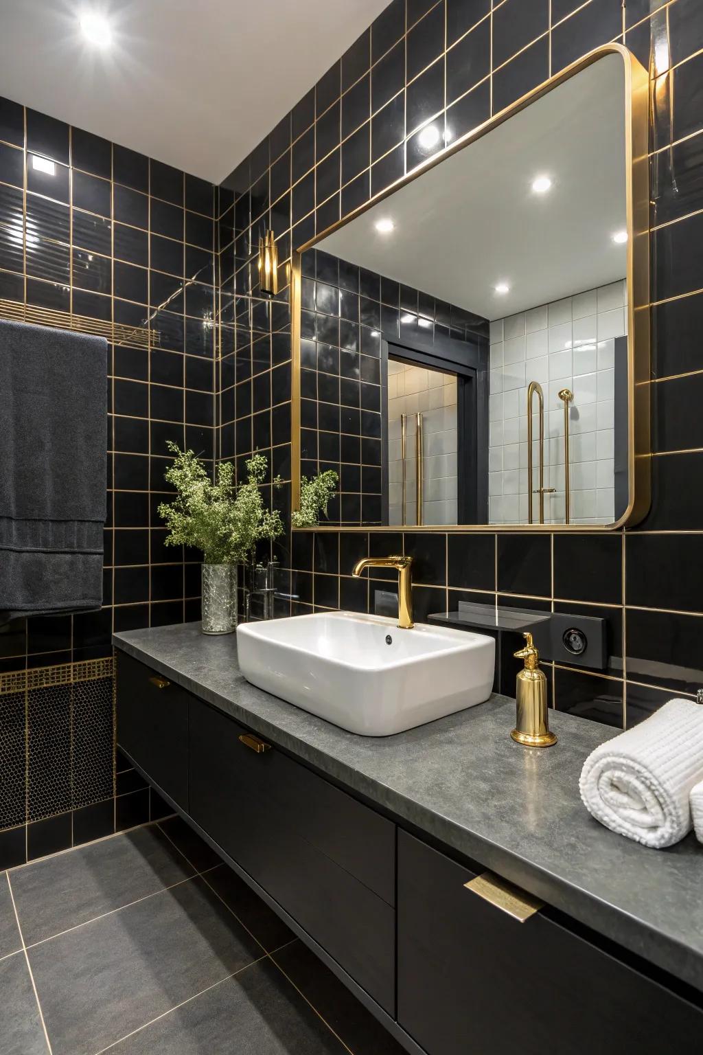 Gold hardware adds a luxurious touch to the dark stone-paneled bathroom.