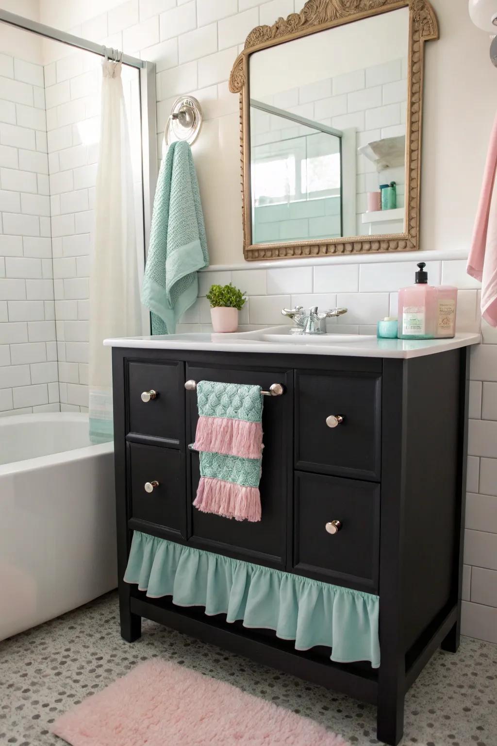 Soft accents infuse a sense of lightness and whimsy into a dark vanity bathroom.
