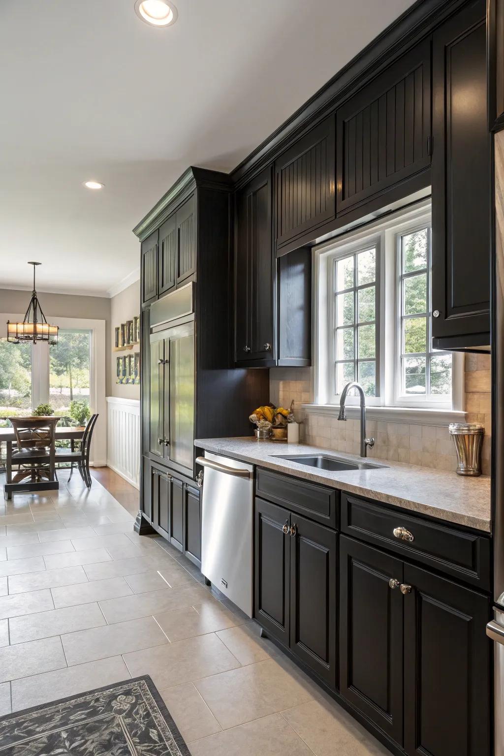An elegant kitchen featuring black wainscoting.