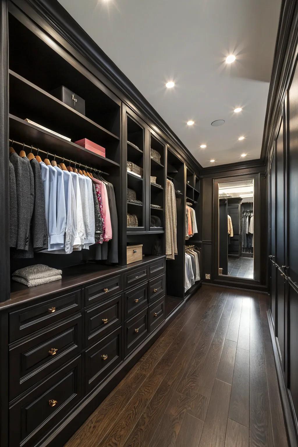 Unique flooring introduces texture and flair to the closet.