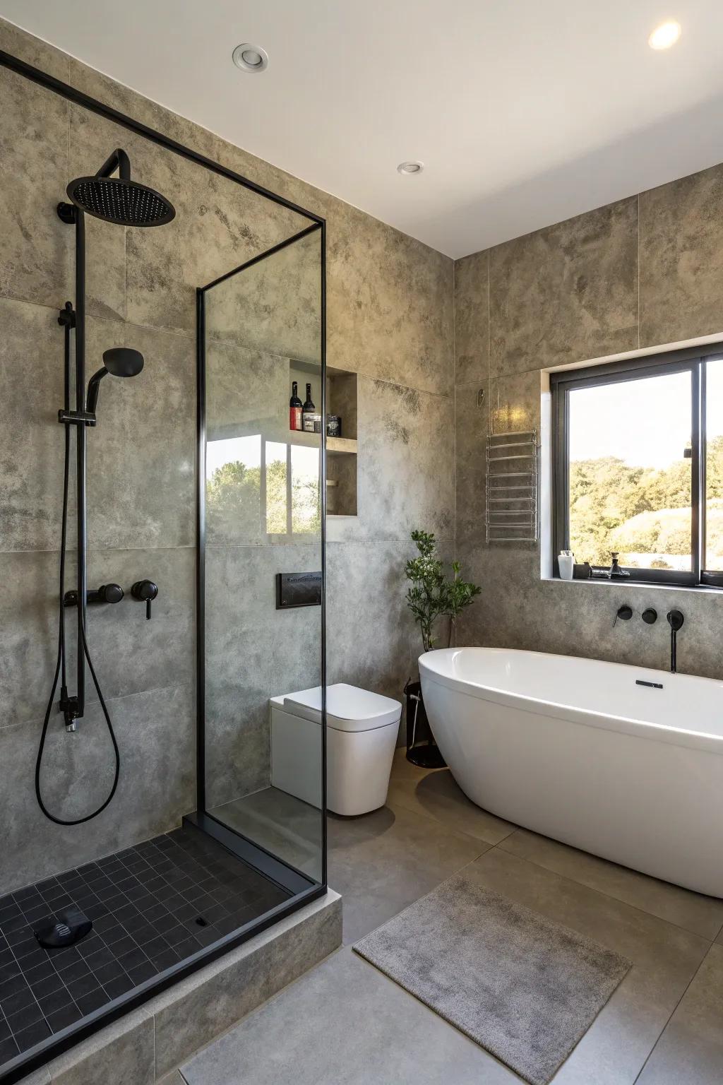 Textured dust walls add dimension and elegance to this stylish bathroom.