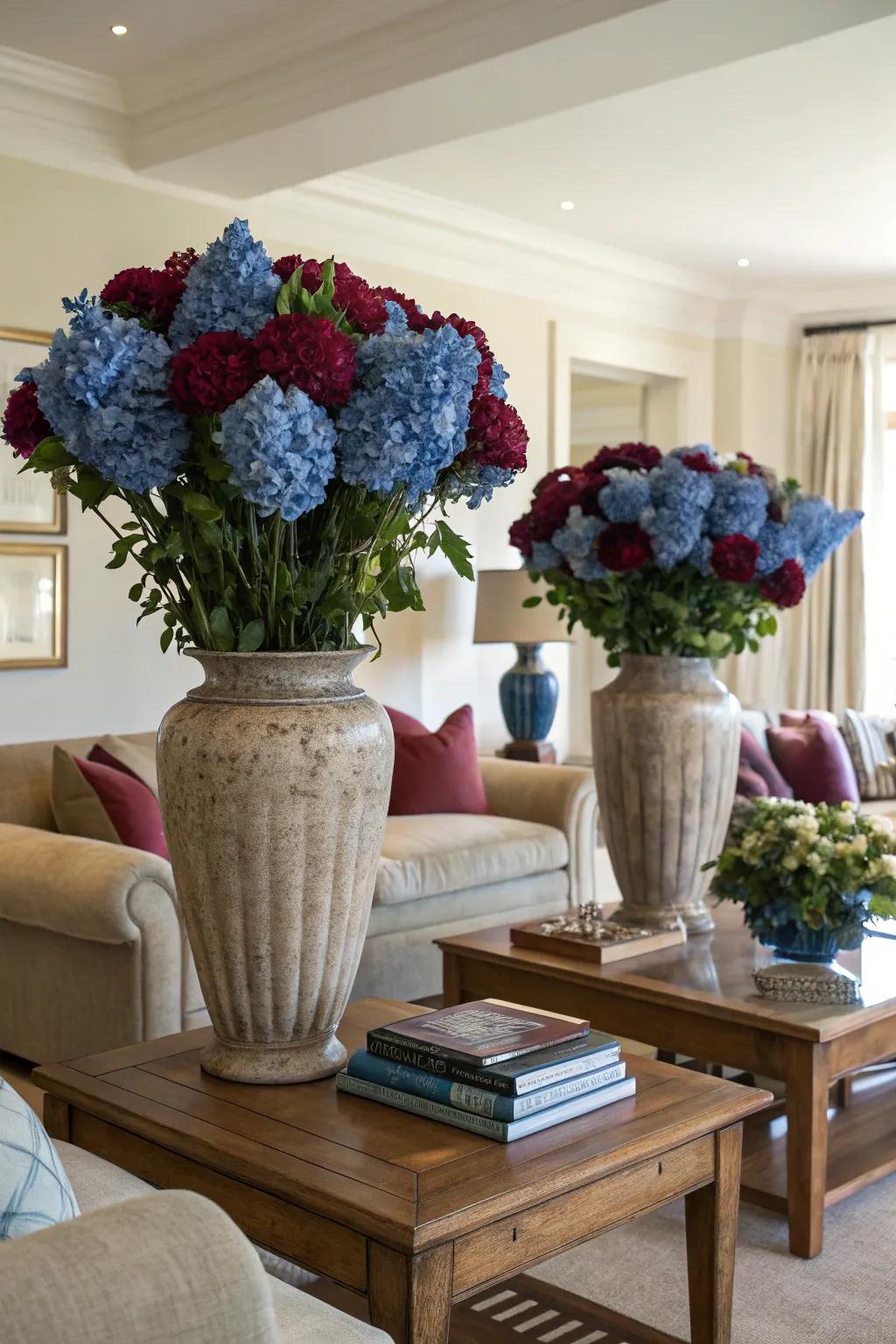Floral displays in coordinating hues bring natural beauty to the room.