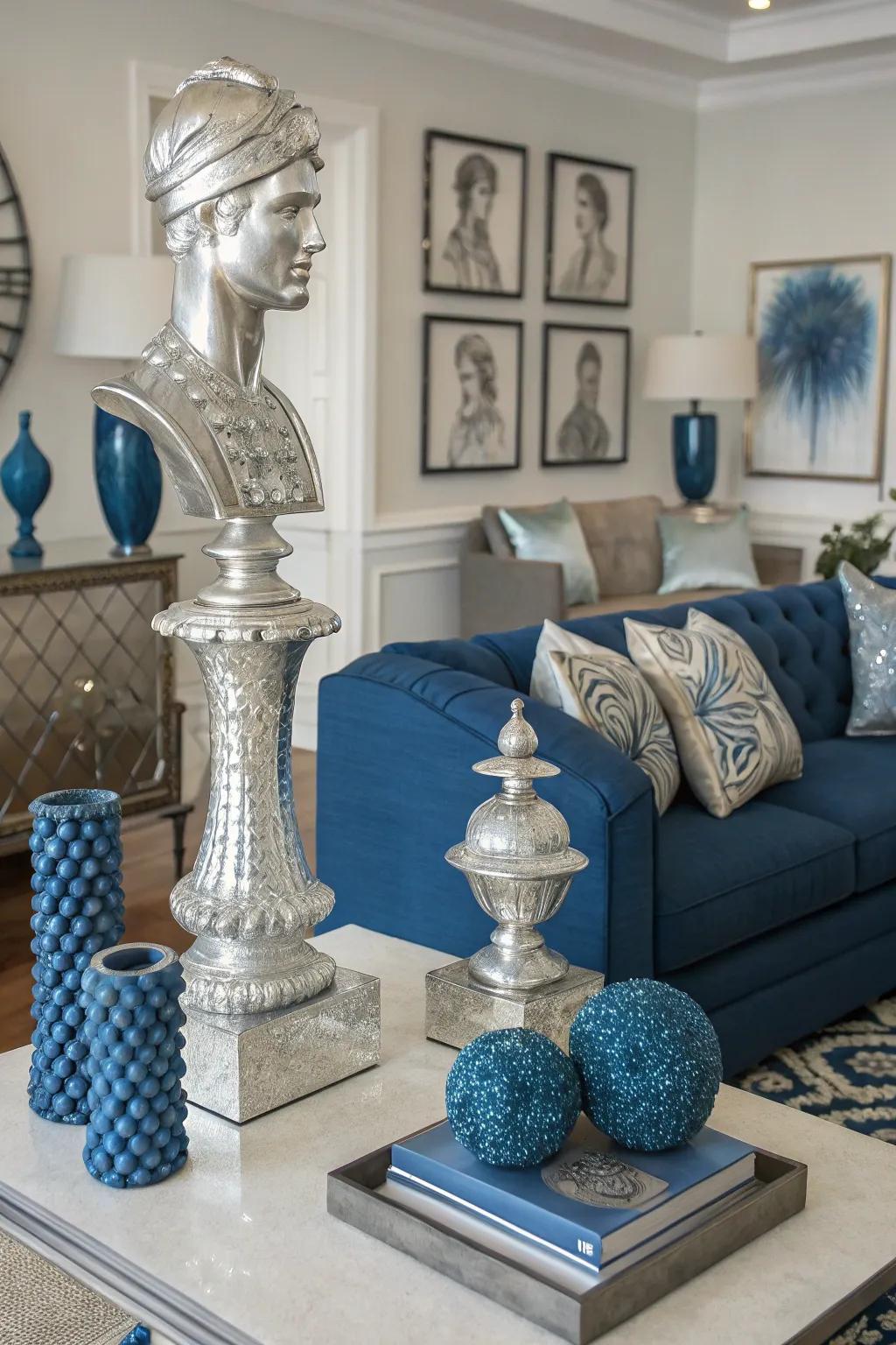 Silver sculptures create a stylish centerpiece in this chic indigo living room.