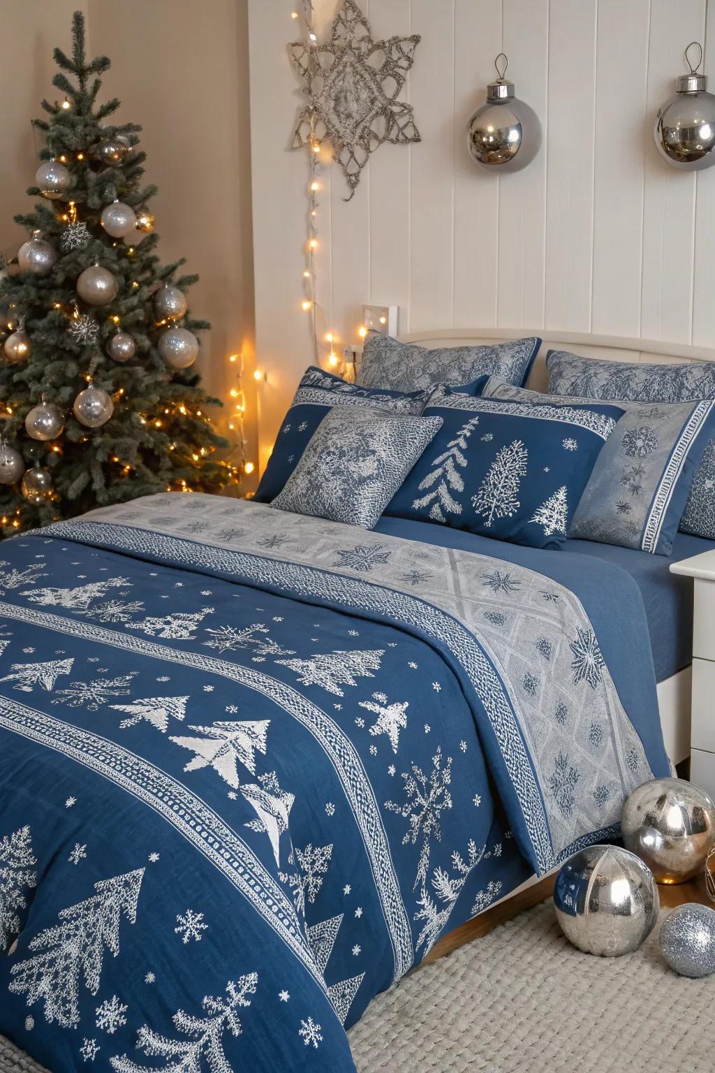 A cozy and festive blue Christmas bedroom