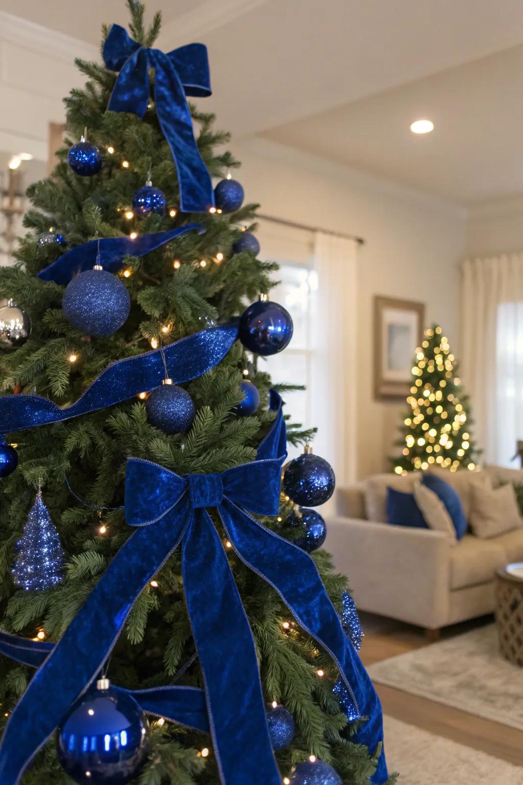 A luxurious azure velvet Christmas tree.