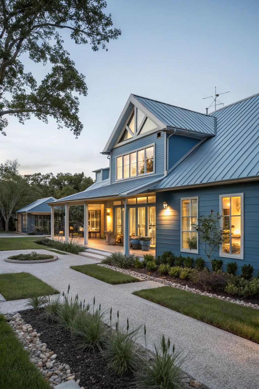 Metal roofing adds a sleek touch to modern blue homes.