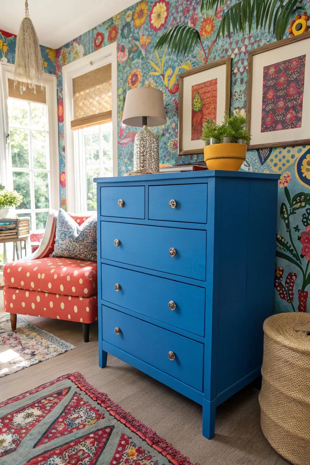 An electric blue dresser serving as a striking focal point in a lively room.