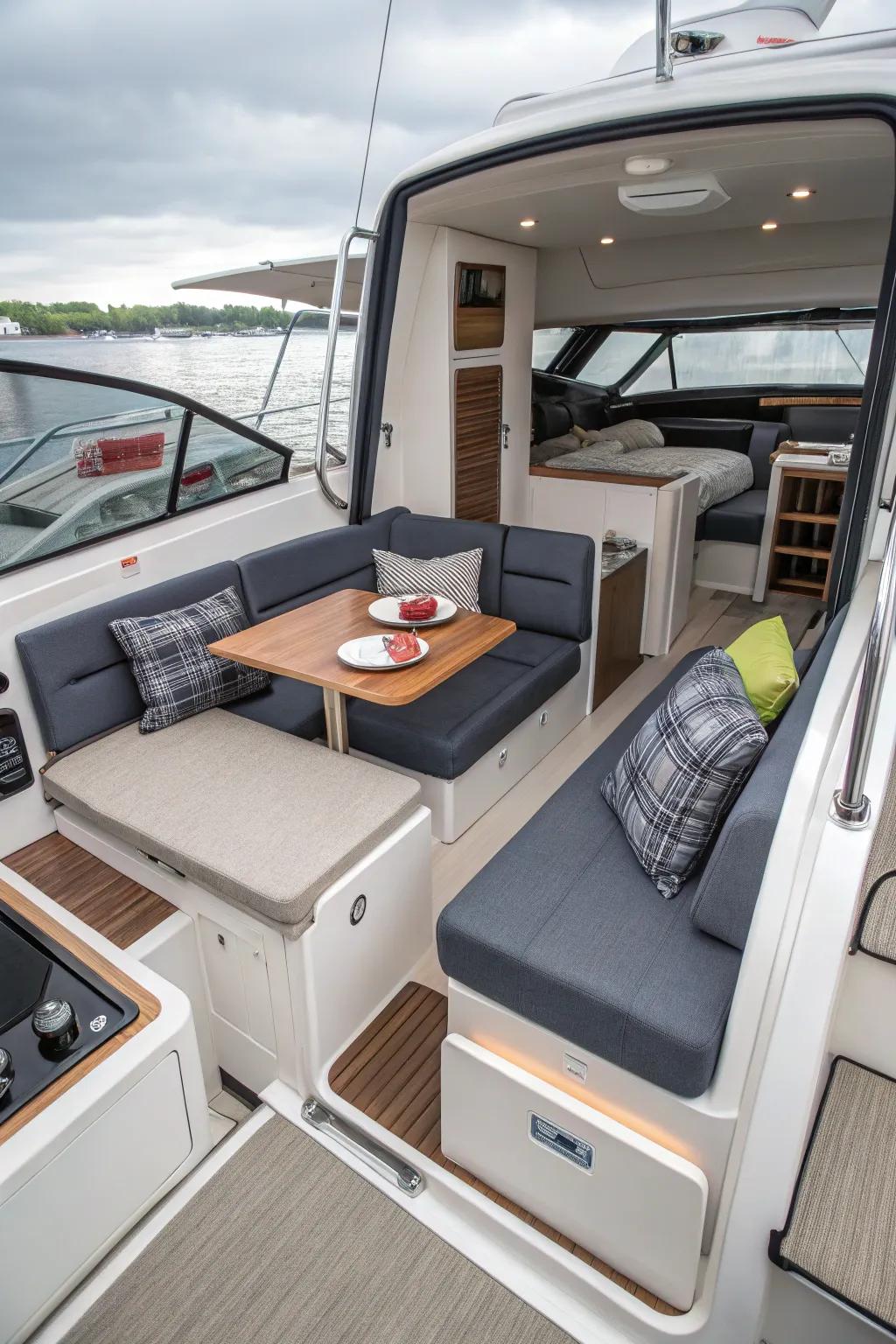 Effective use of space through multi-functional furniture for a streamlined boat interior.