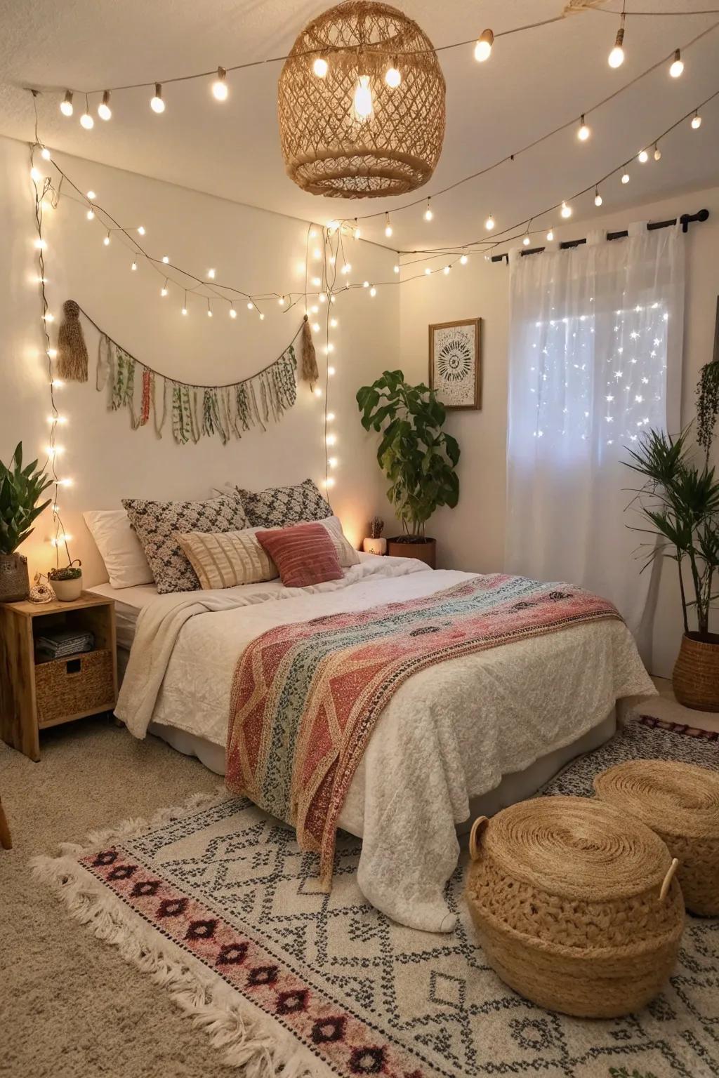 Ambient lighting and fairy lights generate a calm glow in this boho bedroom.
