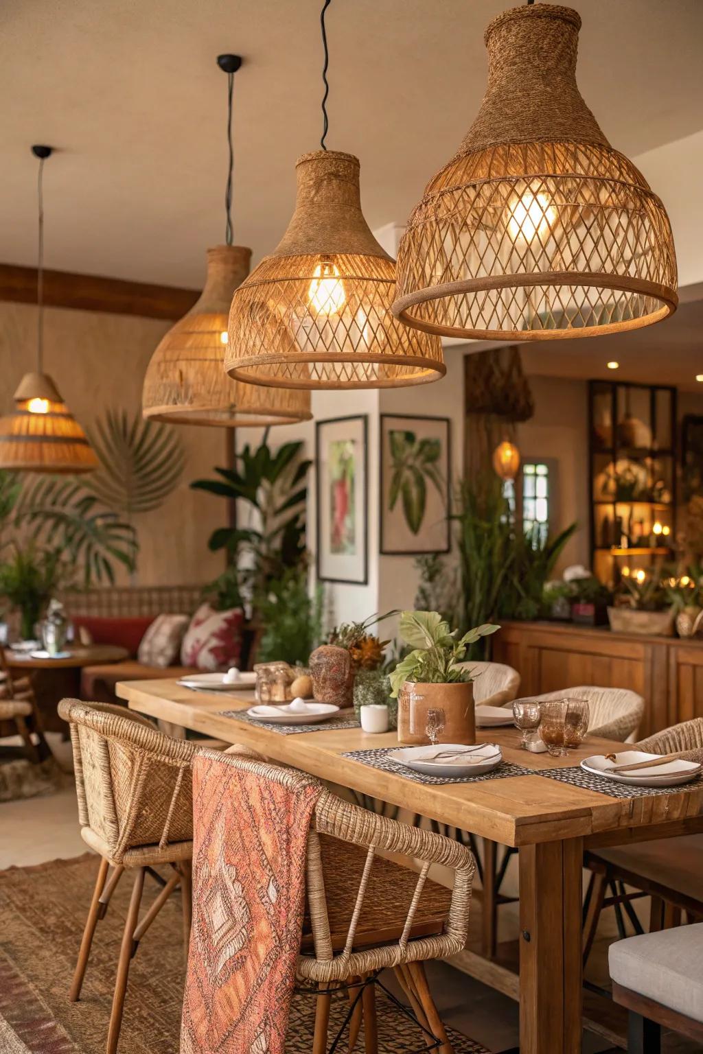 Natural hanging lighting enhancing a boho dining space.