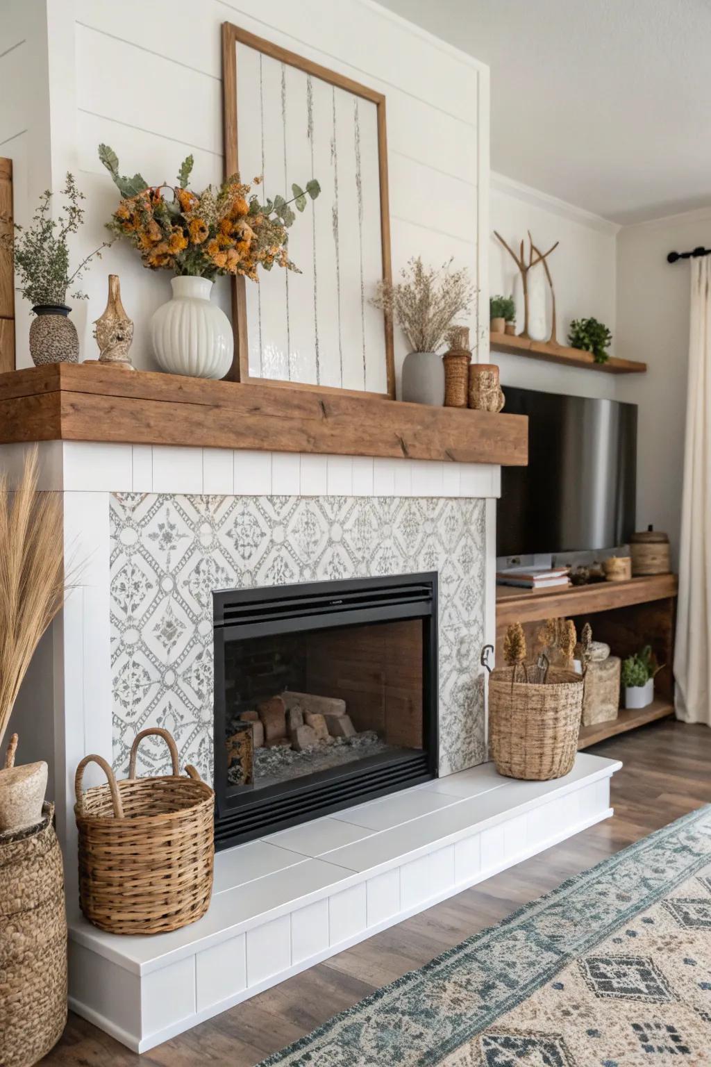 A modern bohemian fireplace featuring a decorative ledge, blending traditional and contemporary styles.