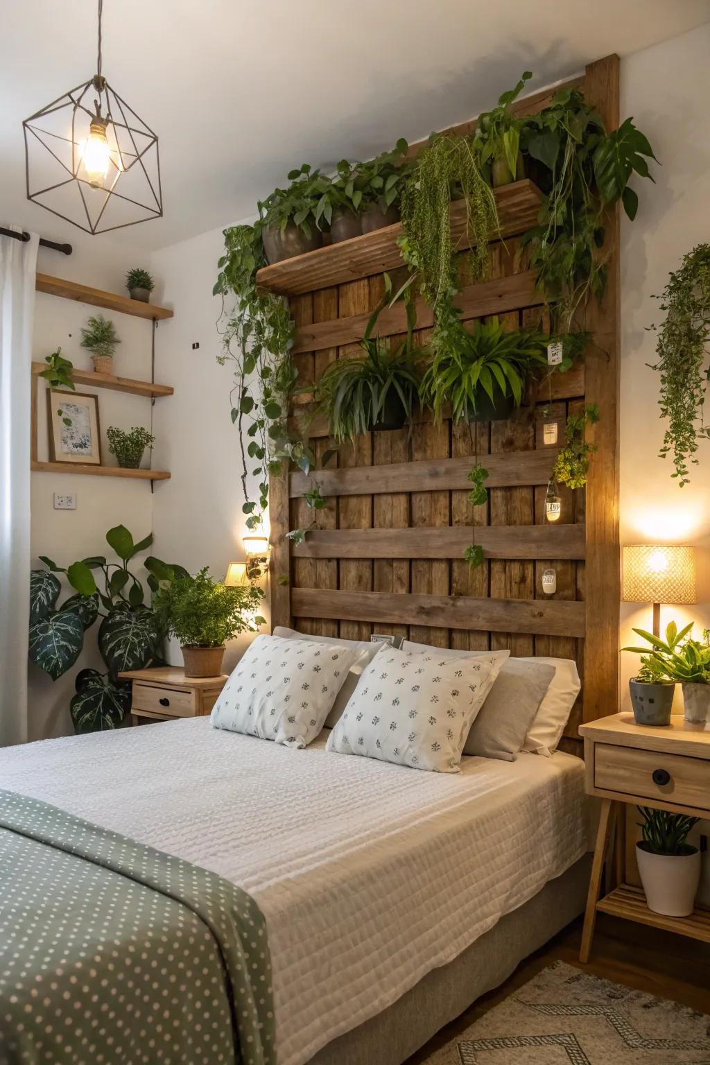 A living headboard with plants introduces freshness and vitality to the space.
