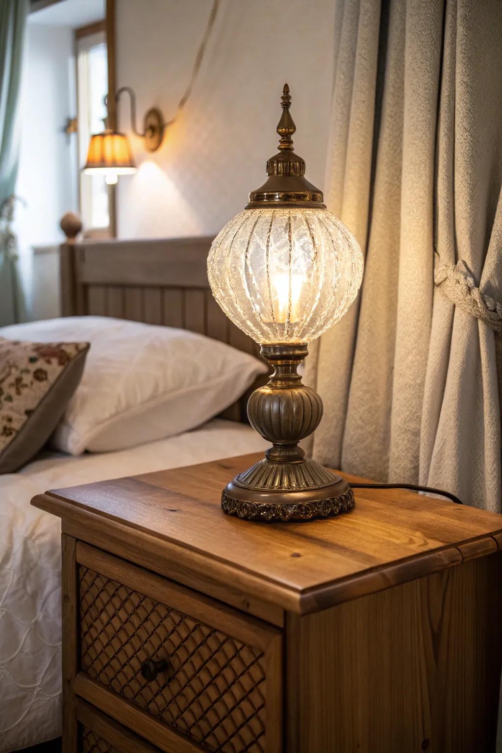 A period glass lamp incorporating color and charm to a boho bedside table.