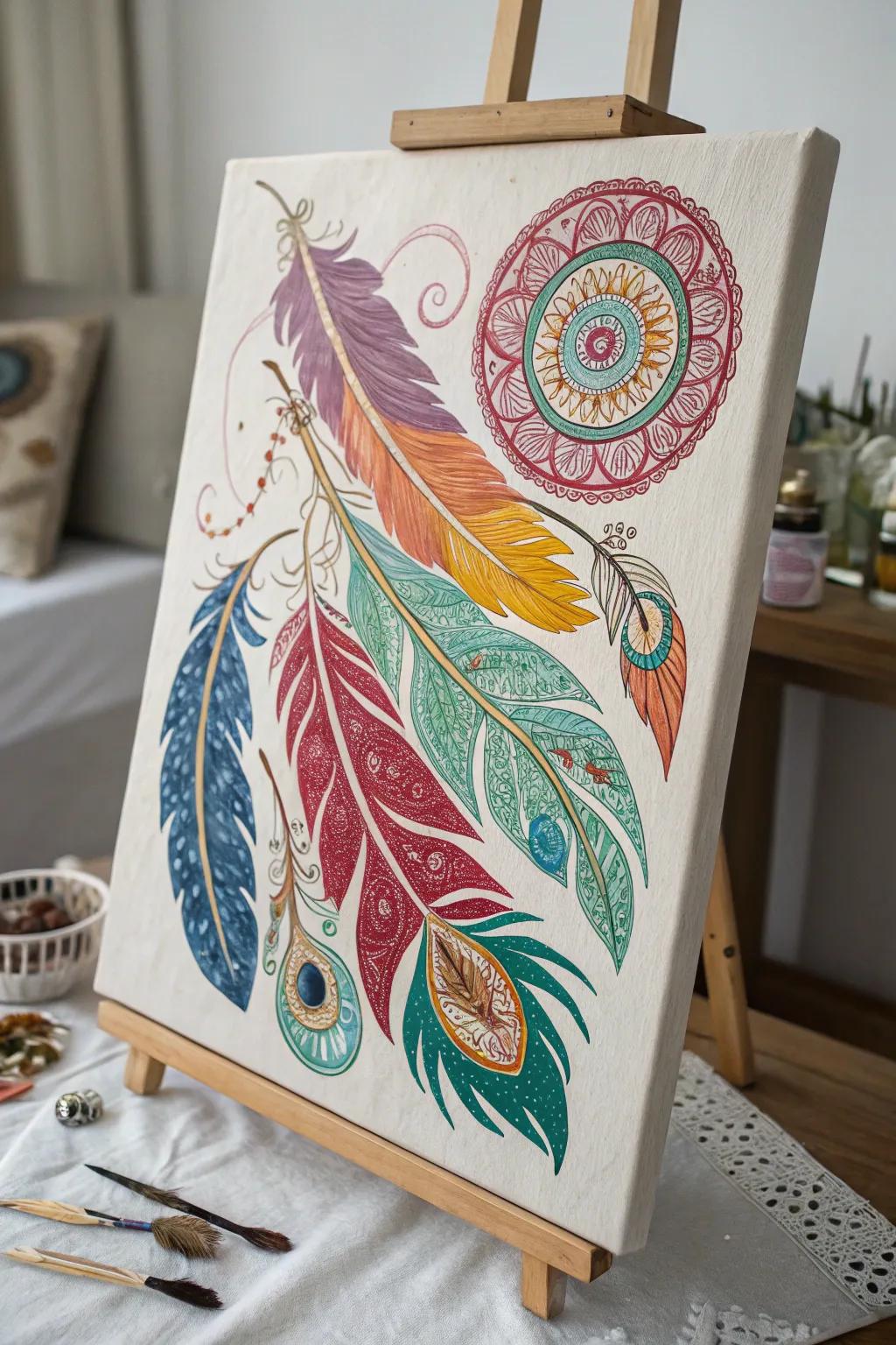 A boho-style painting that embodies the subtle beauty and symbolism of feathers.