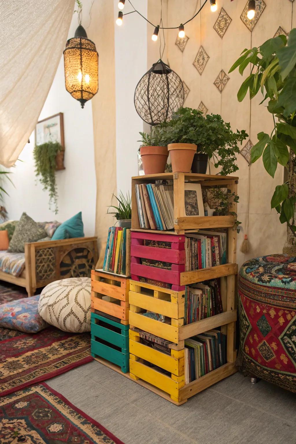 Vibrant crates introduce a playful element to your storage solutions.