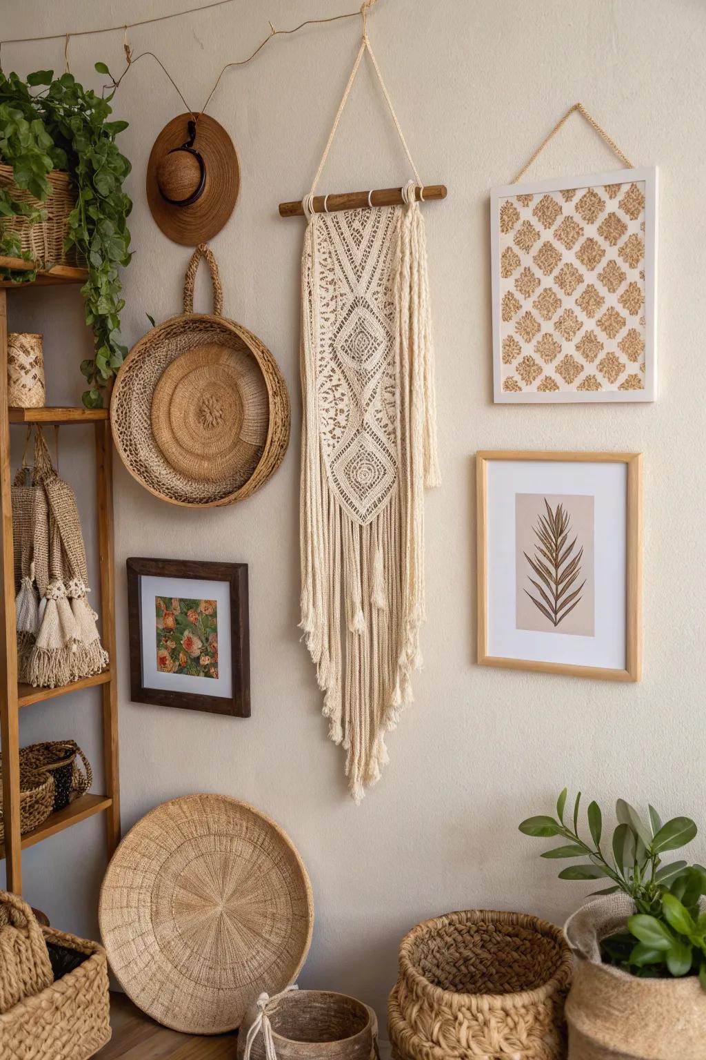 A harmonious combination of organized and laid-back design in bohemian decor.