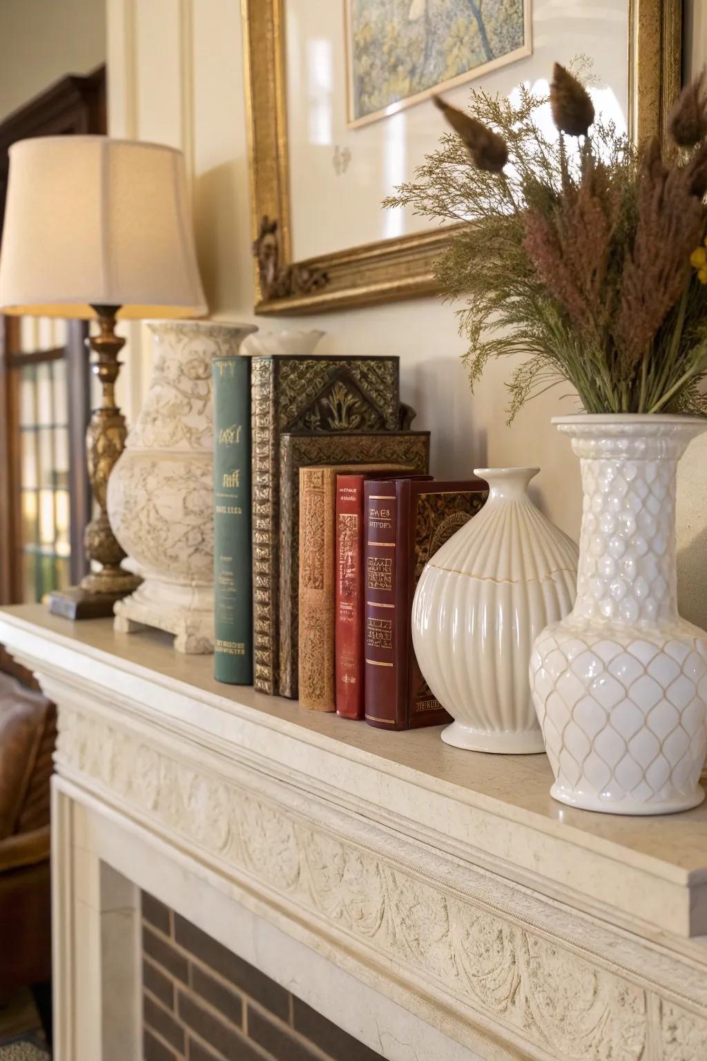 A combination of textures enhances the mantel's presentation.