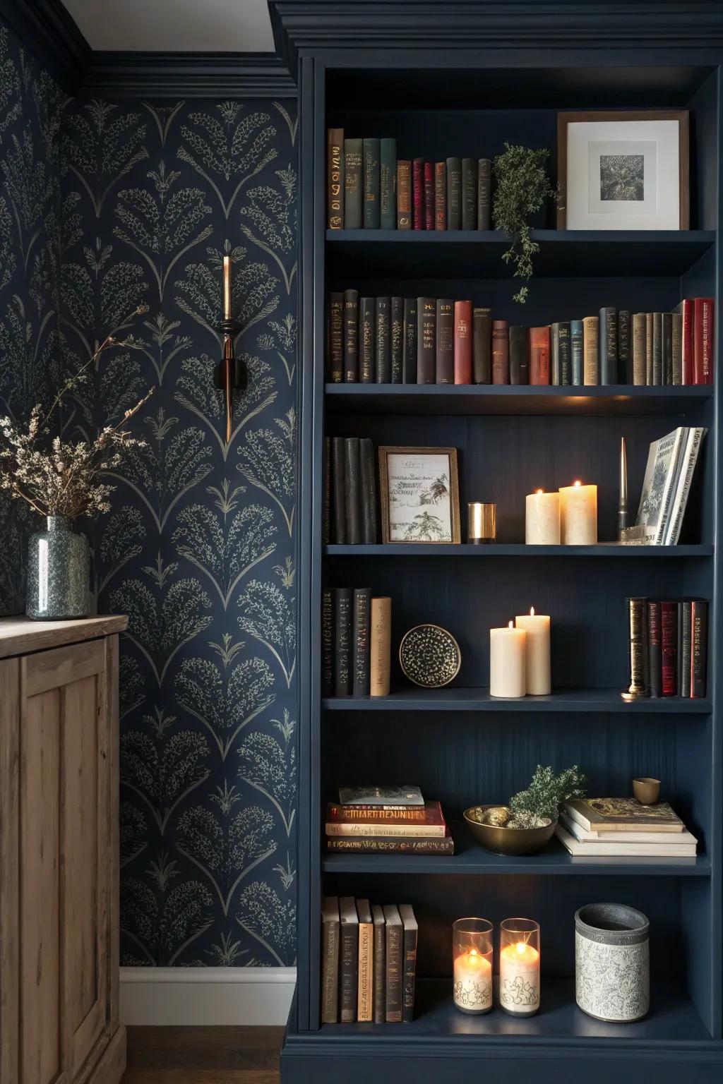 <strong>Bookshelf</strong> featuring deep navy wallcovering for a sophisticated, dramatic appearance.&rdquo; loading=&rdquo;lazy&rdquo; class=&rdquo;pimg&rdquo;>
	</picture><figcaption><strong>Bookshelf</strong> featuring deep navy wallcovering for a sophisticated, dramatic appearance.</figcaption></figure>
<p>Deep wallcovering can establish a dramatic atmosphere and make your shelves feel more personal. I utilized a deep navy wallcovering, which imparted a sophisticated vibe to my study.</p>
<h3>A few choices to try:</h3>
<ul class=