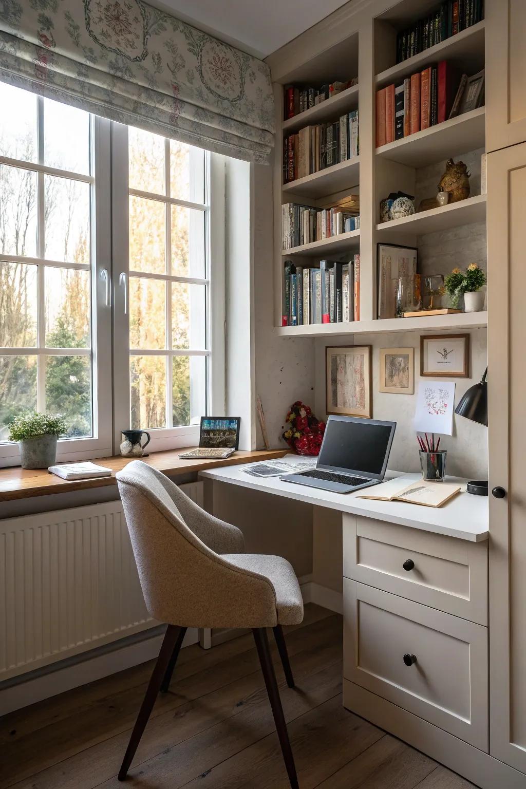Integrate bookshelves around windows into your home office for style and function.