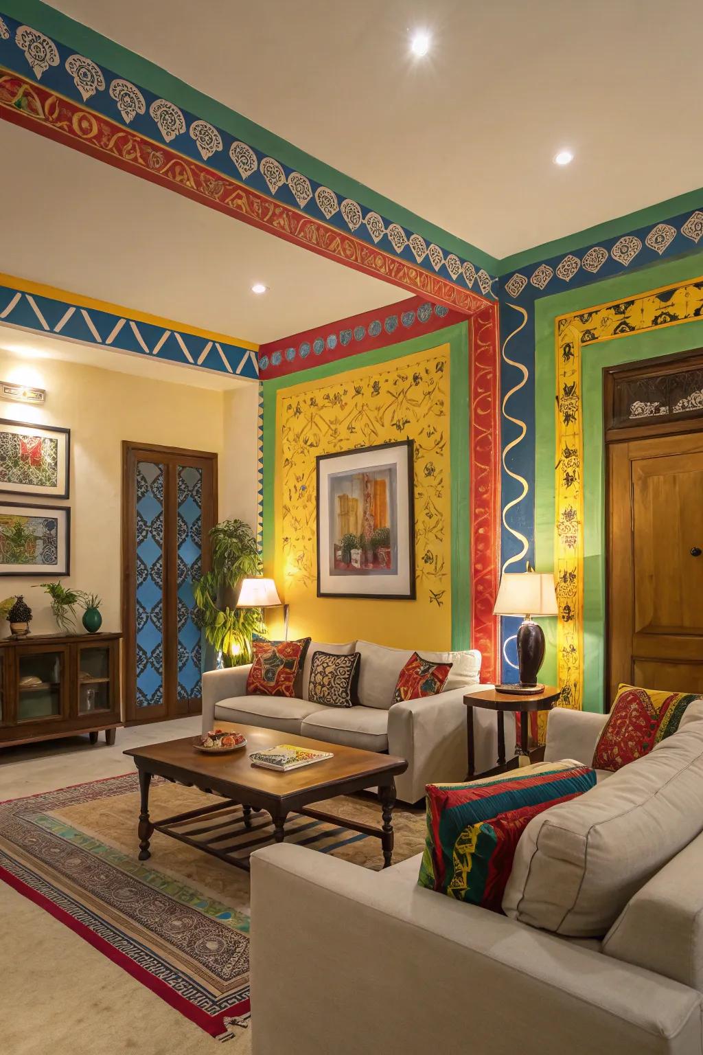 Vibrant shades in border designs make a bold statement.