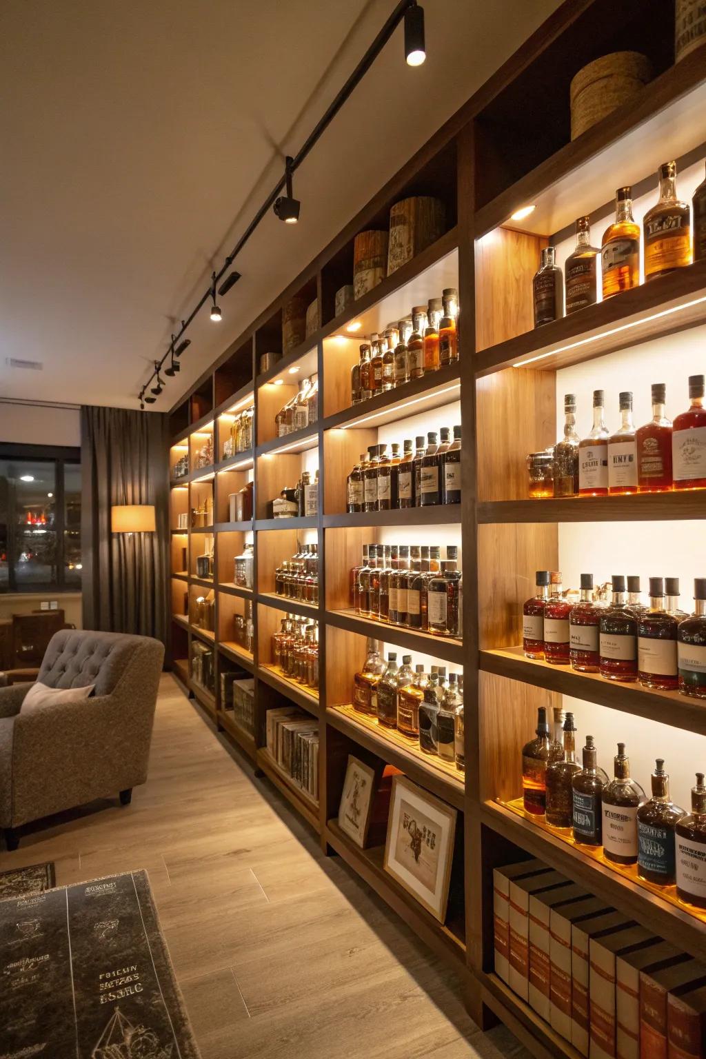 Study-style shelving offers a sophisticated bourbon display.