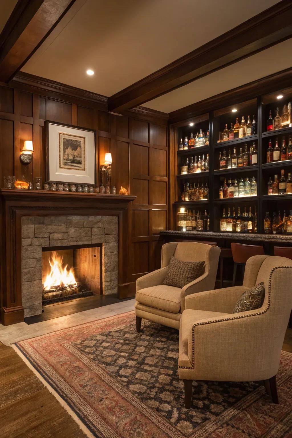 A hearth acts as a cozy centerpiece in the spirit lounge.