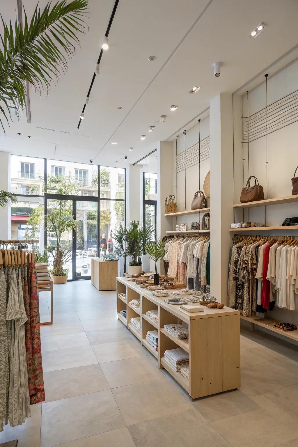 A shop with a spacious and airy design, providing a roomy and pleasant shopping experience.