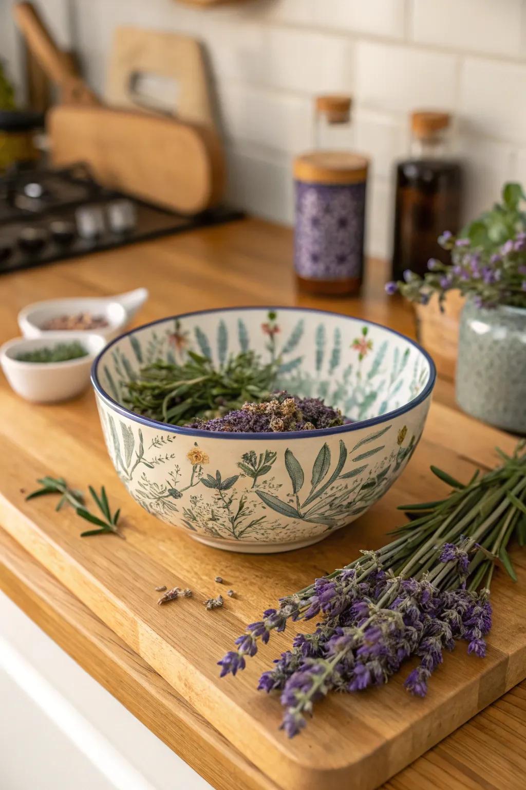 A decorative bowl containing fragrant herbs like dried lavender