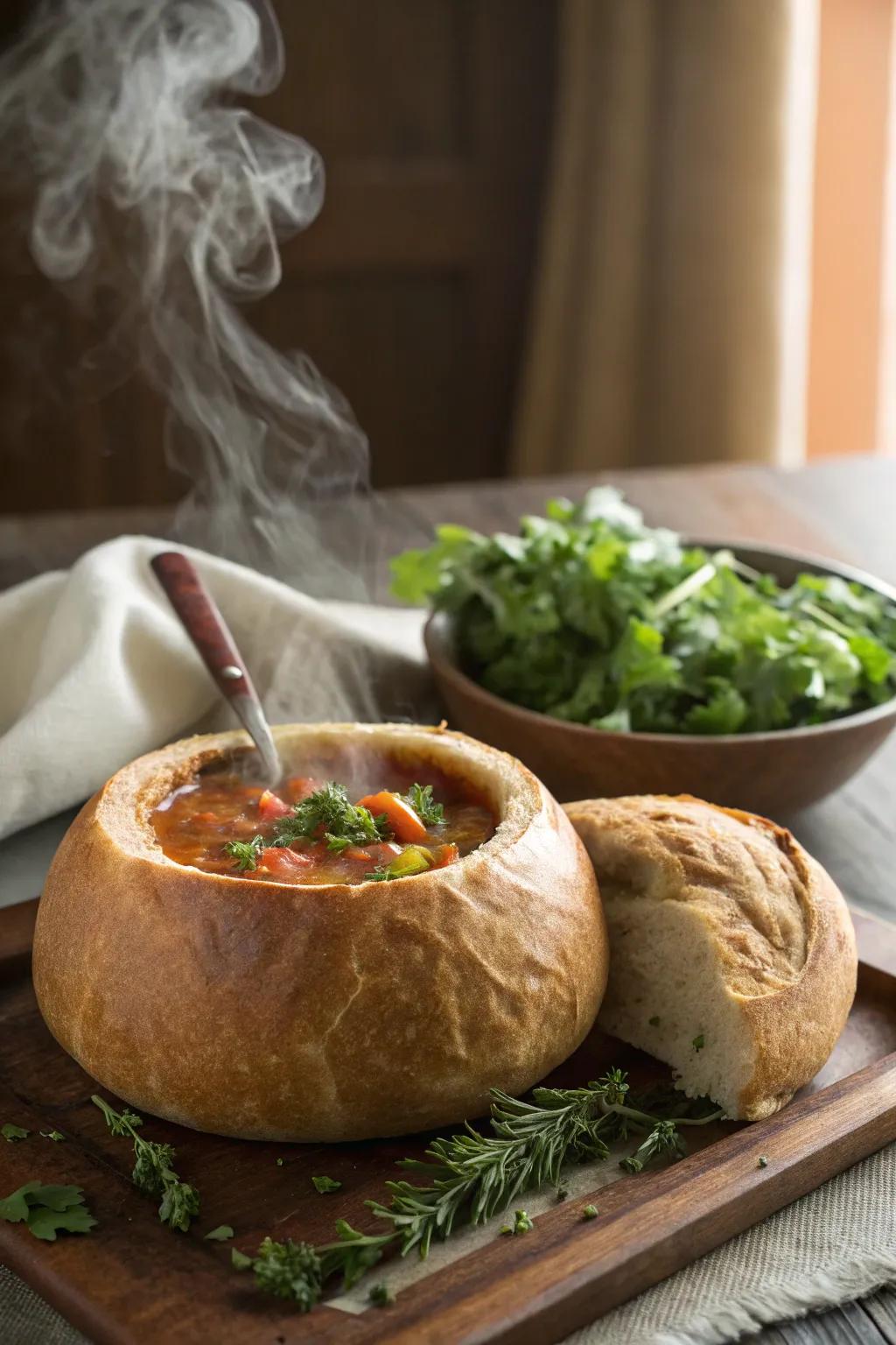 A cozy bread bowl soup, perfect for a hearty meal.
