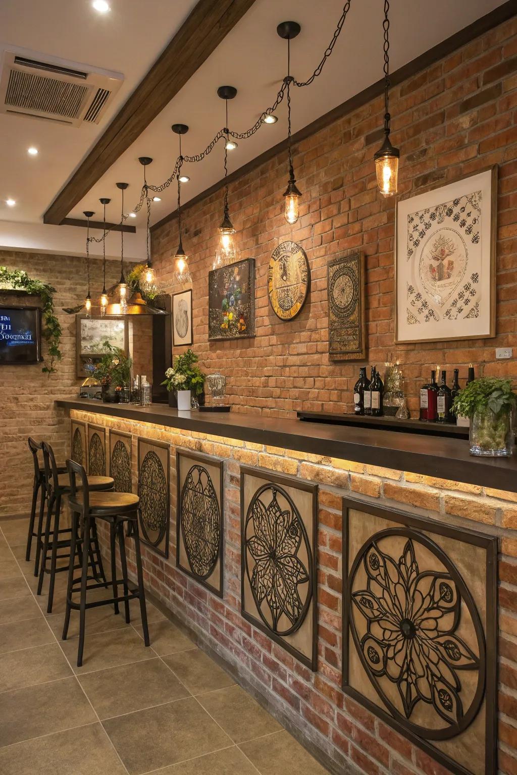 Custom wall art introduces a personal aspect to a brick wall bar.